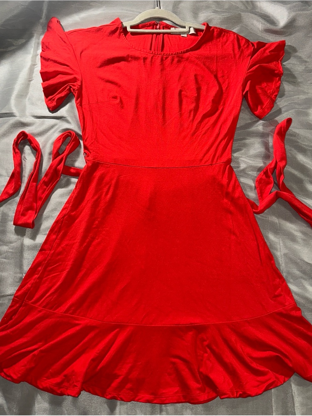 LOFT Bright Red Ruffle Sleeve Tie-Waist Dress